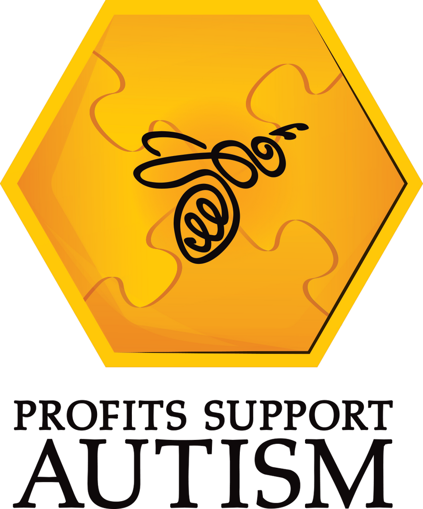 A honeybee sits in the middle of an autism puzzle piece in the shape of a honeycomb. Under the honeycomb reads, "Profits support autism"